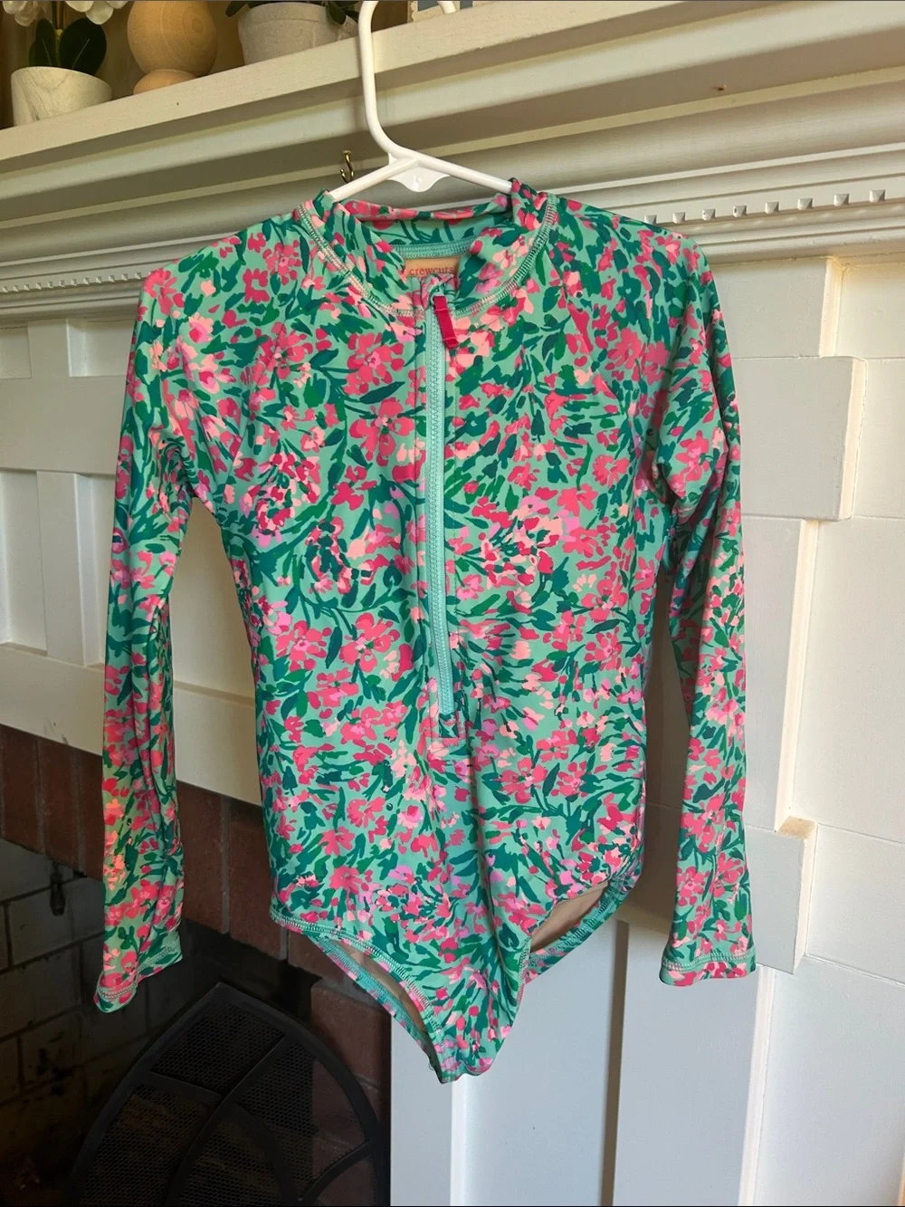 Girls Crewcuts Rashguard Swimsuit Green Floral Size 6-7